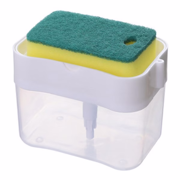 Dozator Flippy, Dispenser 2 in 1 pentru Detergent Lichid de Vase sau pentru Obiecte Sanitare cu Suport pentru Burete de Bucatarie ,14 x 10.5 x 10 cm, capacitate 380 ml, alb - imagine 1