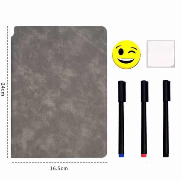 Set Agenda A5 Reutilizabila cu Pagini Tip Tabla, Agenda Pagini Albe cu Stergere Uscata, 3 Markere, 1 Burete și 1 Laveta de sters, Portabila, 24 x 16.5 cm, Coperta Piele, Maro - imagine 6