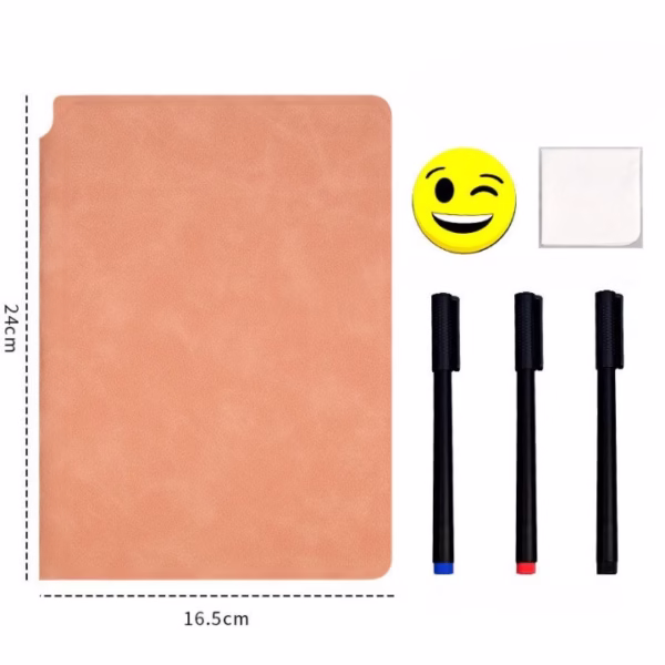 Set Agenda A5 Reutilizabila cu Pagini Tip Tabla, Agenda Pagini Albe cu Stergere Uscata, 3 Markere, 1 Burete și 1 Laveta de sters, Portabila, 24 x 16.5 cm, Coperta Piele, Roz Pal - imagine 2