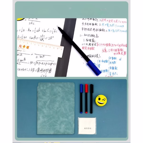 Set Agenda A5 Reutilizabila cu Pagini Tip Tabla, Agenda Pagini Albe cu Stergere Uscata, 3 Markere, 1 Burete și 1 Laveta de sters, Portabila, 24 x 16.5 cm, Coperta Piele, Verde - imagine 4
