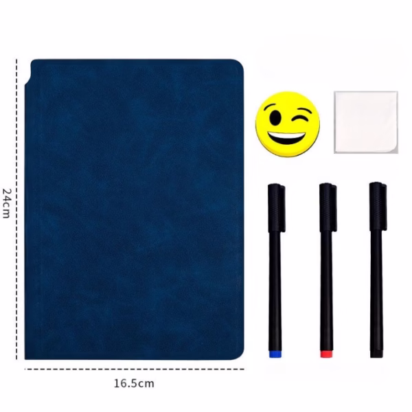Set Agenda A5 Reutilizabila cu Pagini Tip Tabla, Agenda Pagini Albe cu Stergere Uscata, 3 Markere, 1 Burete și 1 Laveta de sters, Portabila, 24 x 16.5 cm, Coperta Piele, Albastru - imagine 5