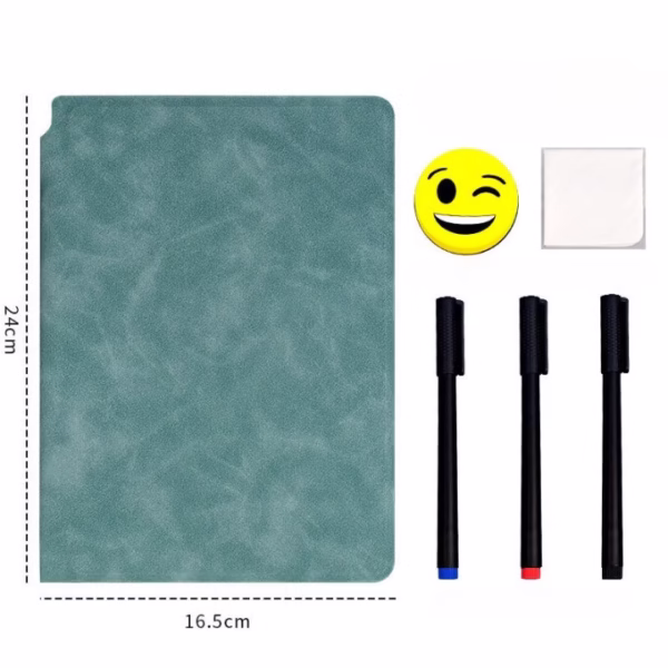 Set Agenda A5 Reutilizabila cu Pagini Tip Tabla, Agenda Pagini Albe cu Stergere Uscata, 3 Markere, 1 Burete și 1 Laveta de sters, Portabila, 24 x 16.5 cm, Coperta Piele, Verde - imagine 5