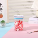 Cutie de Depozitare Alimente, Flippy, tip Container, 0.8L, 10x10x15.5 cm, Recipiente pentru Cereale in Bucatarie,  Transparente cu Capac Alb-Albastru - imagine 2