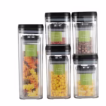 Cutii de Depozitare Alimente, Flippy, Set din 10 Cutii de tip Container, Recipiente pentru Cereale in Bucatarie,  Transparente cu Capac Negru