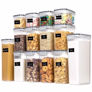Cutii de depozitare alimente, Flippy, Set din 14 Cutii pentru Condimente, Cereale, Cutii pentru Bucatarie, din Plastic PP, Cutii Alimentare, Diferite Dimensiuni, Transparente
