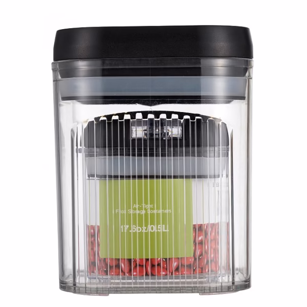 Cutii de Depozitare Alimente, Flippy, Set din 2 Cutii de Tip Container de 0.5 si 1.3 l, Recipiente pentru Cereale in Bucatarie, Transparente cu Capac Negru - imagine 1
