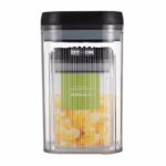 Cutii de Depozitare Alimente, Flippy, Set din 2 Cutii de Tip Container de 0.8 si 1.3 l, Recipiente pentru Cereale in Bucatarie, Transparente cu Capac Negru