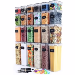Cutii de depozitare alimente, Flippy, Set din 24 Cutii pentru Condimente, Cereale, Cutii pentru Bucatarie, din Plastic PP, Cutii Alimentare, Diferite Dimensiuni, Transparente