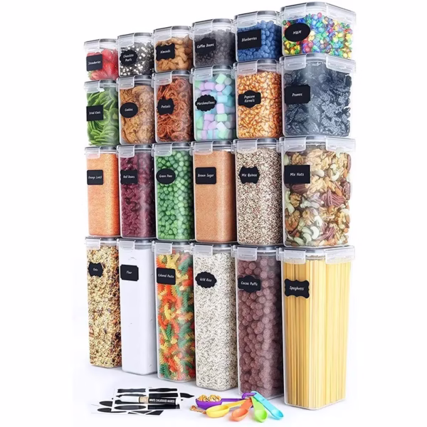 24-piece-food-storage-box-set-main-674189a5bbe1f Cutii de depozitare alimente, Flippy, Set din 24 Cutii pentru Condimente, Cereale, Cutii pentru Bucatarie, din Plastic PP, Cutii Alimentare, Diferite Dimensiuni, Transparente - imagine 1
