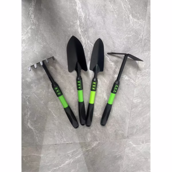 Set 4 Unelte de Gradina Flippy, pentru Plantare, Prelucrare Sol si Ingrijire Plante, Material PVC Carbon, Grebla, Sapaliga cu Cap Dublu, Lopata Mica, Lopata Lata, 43 x 11 cm, Negru/Verde - imagine 2