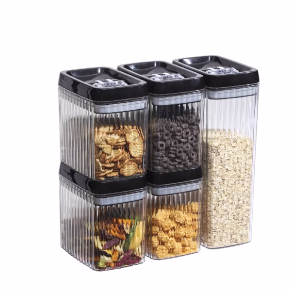 5-piece-set-of-corrugated-sealed-jars-main-674189e163500 Set 5 Recipiente din Plastic, Flippy, pentru Alimente/Obiecte, Inchidere Ermetica, Textura Ondulata, 4 x 1.5l, 1 x 3.3 l, Transparent - imagine 1