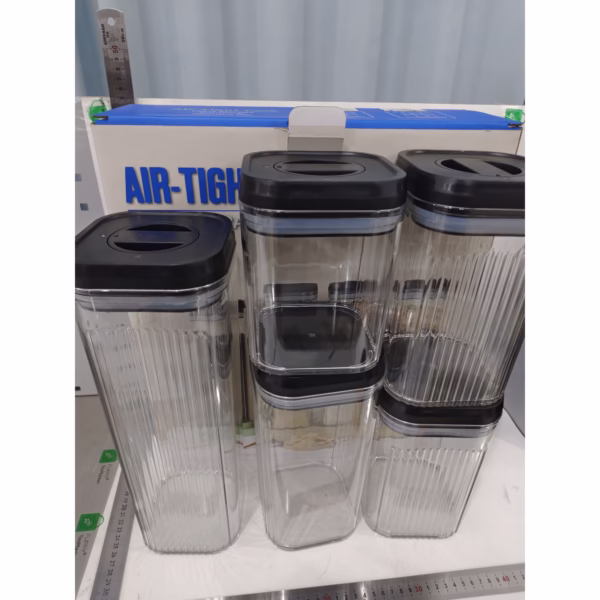 Cutii de Depozitare Alimente, Flippy, Set din 5 Cutii de tip Container, Recipiente pentru Cereale in Bucatarie,  Transparente cu Capac Negru - imagine 2