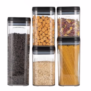 Cutii de Depozitare Alimente, Flippy, Set din 5 Cutii de tip Container, Recipiente pentru Cereale in Bucatarie,  Transparente cu Capac Negru
