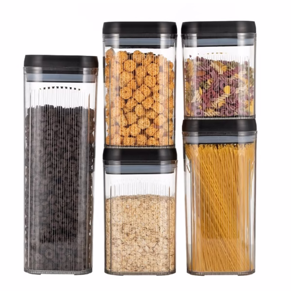 Cutii de Depozitare Alimente, Flippy, Set din 5 Cutii de tip Container, Recipiente pentru Cereale in Bucatarie,  Transparente cu Capac Negru - imagine 1
