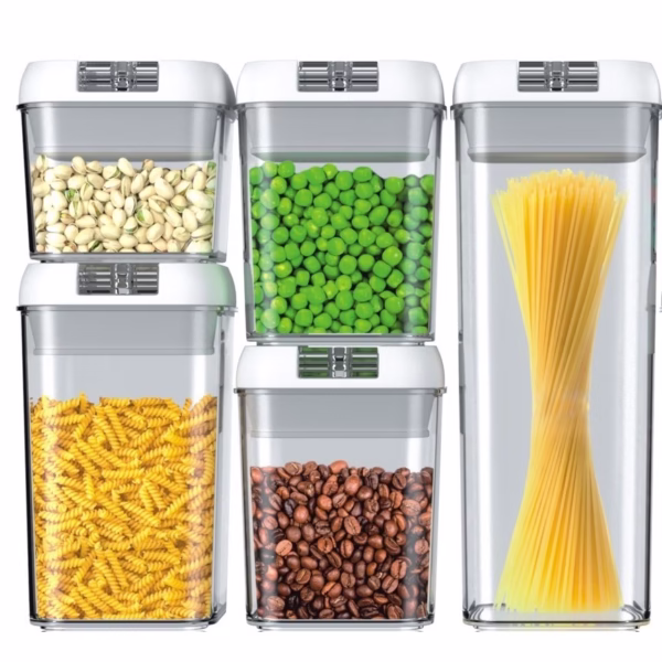 5pcs-square-snap-can-set-main-674184f5d909c Cutii de Depozitare Alimente, Flippy, set din 5 Cutii pentru Condimente, Volumetrie 0.5l, 0.8l, 1.2l, 1.9l, Transparente cu Capac Alb - imagine 1