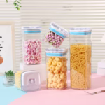 Cutii de Depozitare Alimente, Flippy, Set din 5 Cutii de tip Container, 1x0.5 l, 2x0.8 l, 1x1.2 l, 1x1.9 l, Recipiente pentru Cereale in Bucatarie,  Transparente cu Capac Albastru-Alb - imagine 2