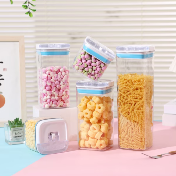 Cutii de Depozitare Alimente, Flippy, Set din 5 Cutii de tip Container, 1x0.5 l, 2x0.8 l, 1x1.2 l, 1x1.9 l, Recipiente pentru Cereale in Bucatarie,  Transparente cu Capac Albastru-Alb - imagine 2
