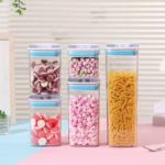 Cutii de Depozitare Alimente, Flippy, Set din 5 Cutii de tip Container, 1x0.5 l, 2x0.8 l, 1x1.2 l, 1x1.9 l, Recipiente pentru Cereale in Bucatarie,  Transparente cu Capac Albastru-Alb - imagine 3
