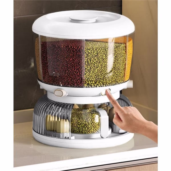 Dozator etajat de cereale Flippy, rotativ 360, 6 compartimente, capacitate 10L, cofrag special pentru oua, vas pentru scurgerea cerealelor, 35x27.5 cm, alb - imagine 13