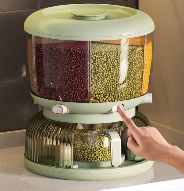 Dozator Etajat de Cereale Flippy, Rotativ 360, 6 Compartimente, Capacitate 10L, Cofraj Special pentru Oua, Vas pentru Scurgerea Cerealelor, 35x27.5 cm, Verde - imagine 15