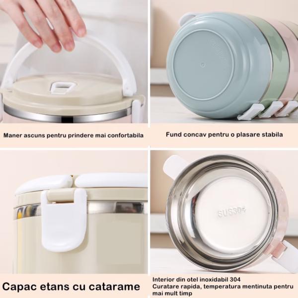 Caserola pentru alimente Flippy, lunch box, 700 ml, otel inoxidabil, maner, valva aerisire, inchidere etansa, 15 x 8.5 cm, albastru - imagine 12