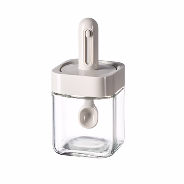 Recipient pentru Depozitarea Condimentelor, Flippy, Borcan din Sticla, Capac si Lingura Incorporate, Uz Casnic, 300 ml, 7.1x7.1x14.8 cm, Gri - imagine 11