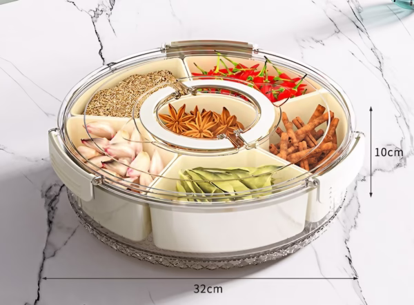 Cutie de Depozitare pentru Alimente, Flippy, cu 6 Compartimente, pentru Condimente, Fructe, Legume, cu Manere de Prindere, Rotativa 360 de Grade, Inchidere Ermetica, 32x10 cm, Alba - imagine 18