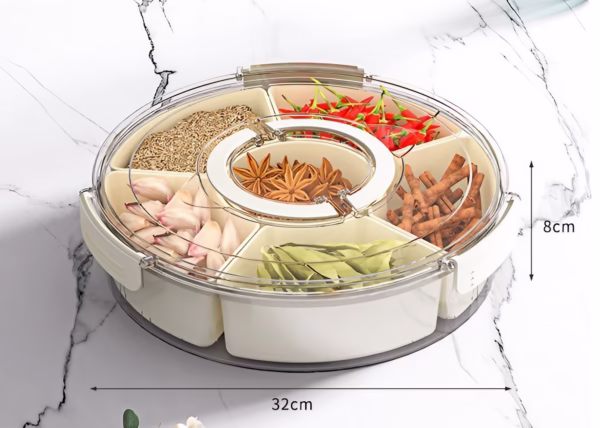 Cutie de Depozitare pentru Alimente, Flippy, cu 6 Compartimente, pentru Condimente, Fructe, Legume, cu Manere de Prindere, Rotativa 360 de Grade, Inchidere Ermetica, 32x8 cm, Alba - imagine 20