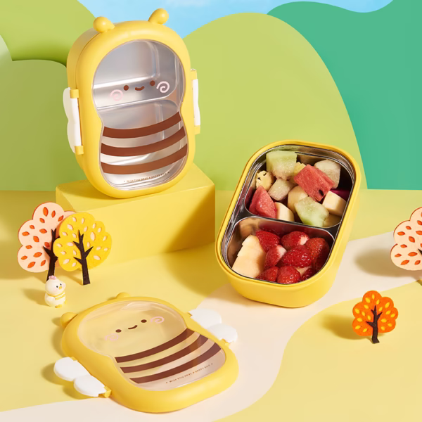Cutie pentru Pranz, Flippy, din PP si Otel Inoxidabil, Model Albina, 2 Compartimente, 301-500 ml, Galben - imagine 7