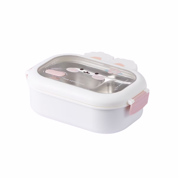 Cutie pentru Pranz sau Gustari, Flippy, cu Doua Compartimente, Model Iepuras, pentru Copii si Adulti, Etansare, PP, Perfect pentru Scoala si Birou, 1000 mL, 22x17.8x8 cm, Alb - imagine 7