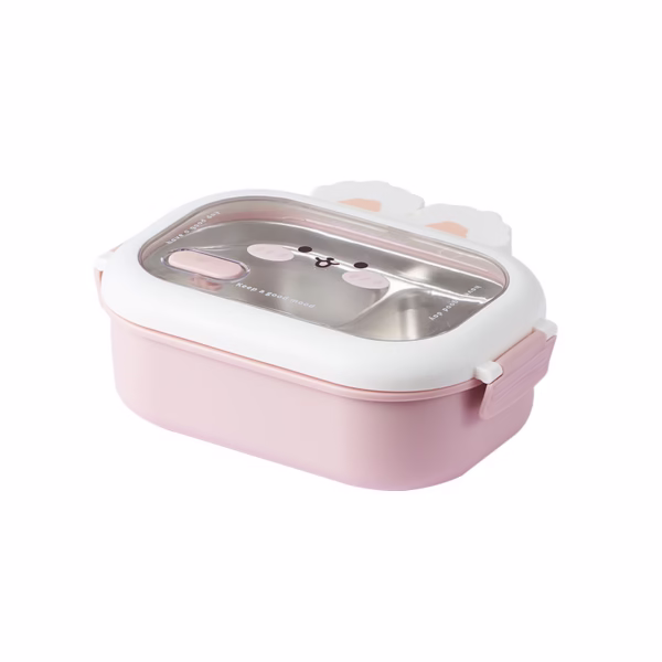 Cutie pentru Pranz sau Gustari, Flippy, cu Doua Compartimente, Model Iepuras, pentru Copii si Adulti, Etansare, PP, Perfect pentru Scoala si Birou, 1000 mL, 22x17.8x8 cm, Roz - imagine 9