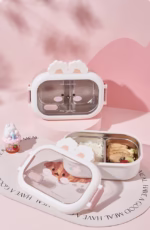 Cutie pentru Pranz sau Gustari, Flippy, cu Doua Compartimente, Model Iepuras, pentru Copii si Adulti, Etansare, PP, Perfect pentru Scoala si Birou, 1000 mL, 22x17.8x8 cm, Alb - imagine 9