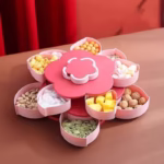 Tava pentru Servire, Flippy, pentru Fructe / Legume / Snackuri, cu Sertare, Deschidere Rotativa, pe 2 Straturi, in Forma de Floare, 26 x 26 x 11.5 cm Albastru - imagine 6