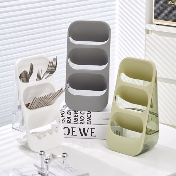 Suport - Organizator pentru Tacamuri, Flippy, 3 Compartimente, Suport pentru Cosmetica, Ustensile, Material PP Durabil, 33 x 16 x 15 cm Verde - imagine 8