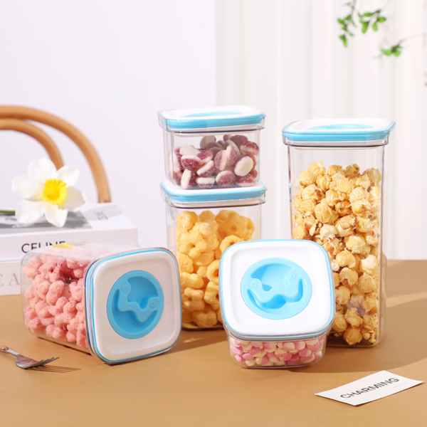 Set 5 Cutii de Depozitare pentru Bucatarie, Flippy, 2 x 600ml, 2 x 1.3L, 1 x 2L, din ABS+PET+Silicon, Capac Alb/Albastru, 23 x 10 x 10 cm, Transparent - imagine 7