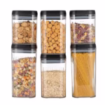 Cutii de Depozitare Alimente, Flippy, Set din 6 Cutii de tip Container, Recipiente pentru Cereale in Bucatarie,  Transparente cu Capac Negru