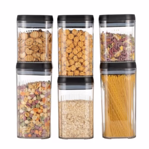 Cutii de Depozitare Alimente, Flippy, Set din 6 Cutii de tip Container, Recipiente pentru Cereale in Bucatarie,  Transparente cu Capac Negru