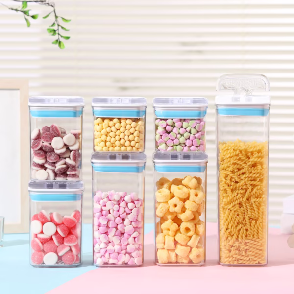 Cutii de Depozitare Alimente, Flippy, Set din 7 Cutii de tip Container, 2x0.5 l, 2x0.8 l, 2x1.2 l, 1x1.9 l, Recipiente pentru Cereale in Bucatarie,  Transparente cu Capac Albastru-Alb - imagine 2