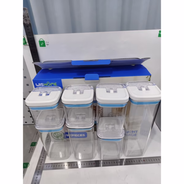 Cutii de Depozitare Alimente, Flippy, Set din 7 Cutii de tip Container, 2x0.5 l, 2x0.8 l, 2x1.2 l, 1x1.9 l, Recipiente pentru Cereale in Bucatarie,  Transparente cu Capac Albastru-Alb - imagine 3