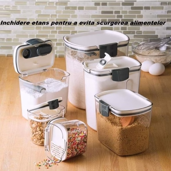 airtight-foodstorage-conainers-350ml-1300ml-2700ml-4600ml-65fc2781ad5b3 Set 4 Recipiente Depozitare Alimente, Flippy, pentru Organizare Bucatarie, cu Inchidere Ermetica, Transparent, Plastic fara BPA, Compatibile cu Masina de Spalat Vase, Diferite Dimensiuni, 350 ml, 1300 ml, 2700 ml, 4600 ml - imagine 1