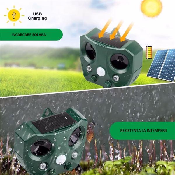 Aparat Solar LED cu Ultrasunete, Flippy, Repelent pentru Animale Mari si Mici, Lumina Rosie si Alba, Anti Rozatoare, Anti Insecte, 15 x 14 x 24 cm, Verde - imagine 6