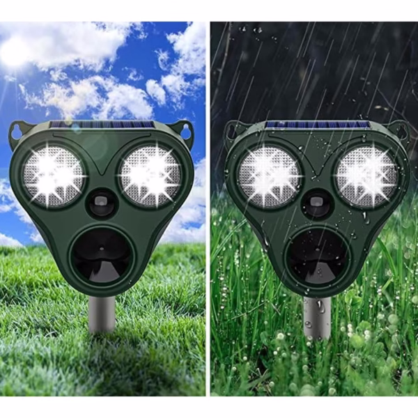 Aparat Solar LED cu Ultrasunete, Flippy, Repelent pentru Animale Mari si Mici, Lumina Rosie si Alba, Anti Rozatoare, Anti Insecte, Frecventa 13.5KHZ-65 KHZ, Senzor PIR, 13 x 14.7 x 24.5 cm, Verde - imagine 5