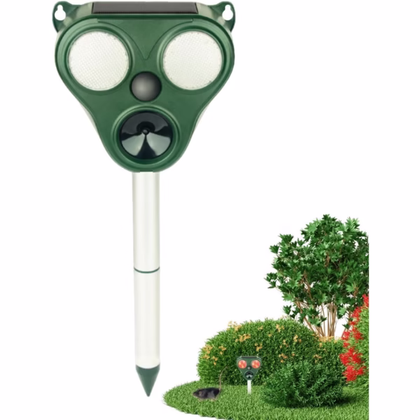 Aparat Solar LED cu Ultrasunete, Flippy, Repelent pentru Animale Mari si Mici, Lumina Rosie si Alba, Anti Rozatoare, Anti Insecte, Frecventa 13.5KHZ-65 KHZ, Senzor PIR, 13 x 14.7 x 24.5 cm, Verde - imagine 6
