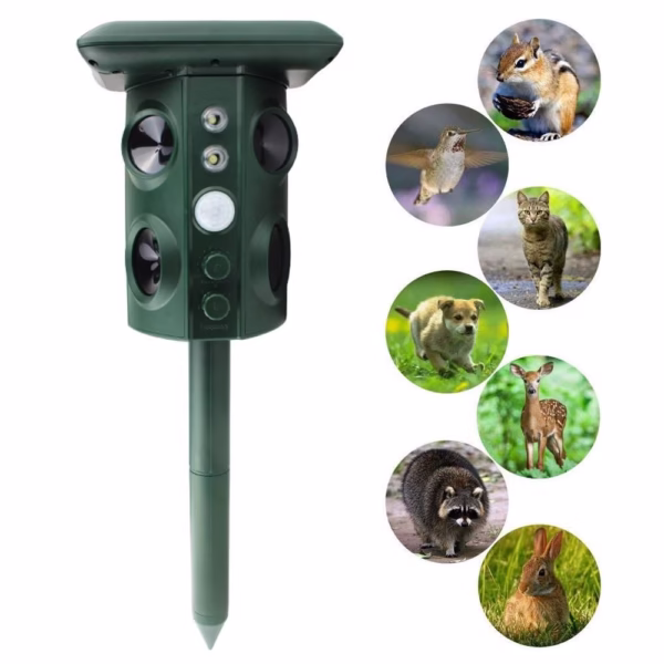 Aparat Solar LED cu Ultrasunete, Flippy, Repelent pentru Animale Mari si Mici, Lumina Rosie si Alba, Anti Rozatoare, Anti Insecte, Frecventa 13.5KHZ-45.5KHZ, Senzor PIR, 15.5 x 15.4 x 26.2 cm, Verde - imagine 5