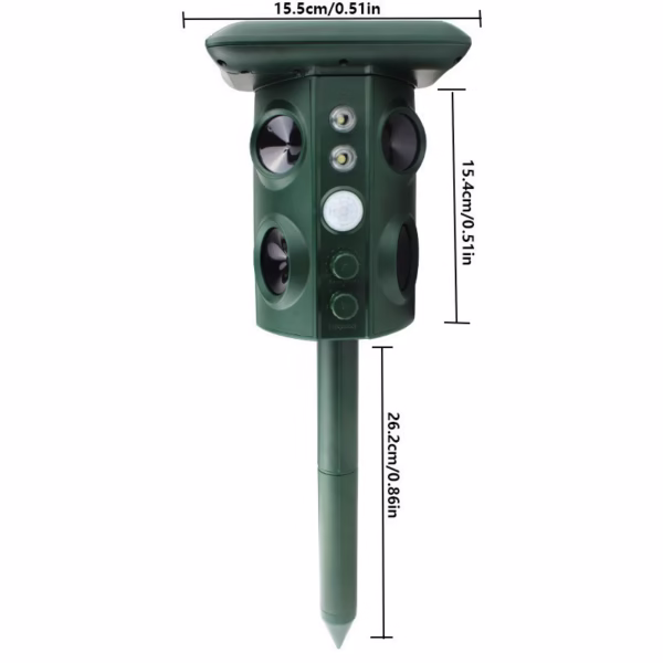Aparat Solar LED cu Ultrasunete, Flippy, Repelent pentru Animale Mari si Mici, Lumina Rosie si Alba, Anti Rozatoare, Anti Insecte, Frecventa 13.5KHZ-45.5KHZ, Senzor PIR, 15.5 x 15.4 x 26.2 cm, Verde - imagine 7