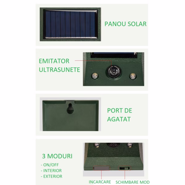 Aparat Solar LED cu Ultrasunete, Flippy, Repelent pentru Animale Mari si Mici, Lumina Rosie si Alba, Anti Rozatoare, Anti Insecte, Frecventa 9-36.5KHZ, 12 X 6.5 cm, Verde - imagine 6
