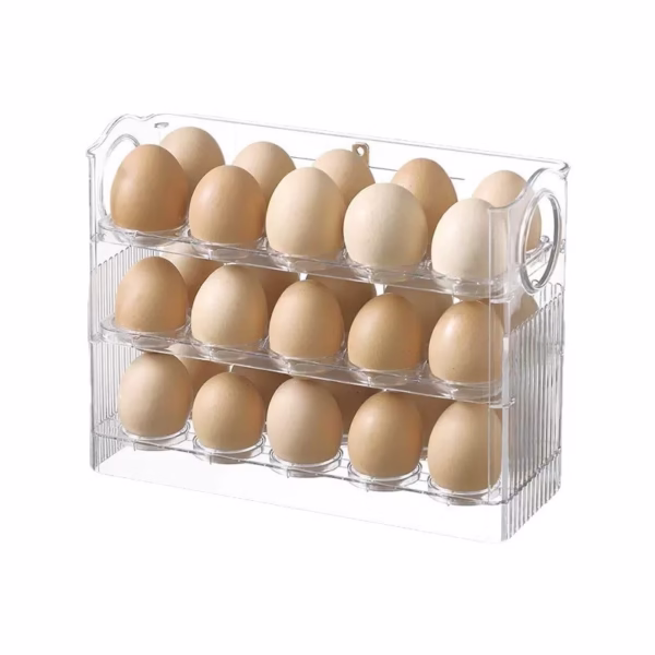 automatic-flip-egg-storage-box-refrigerator-side-door-storage-rack-kitchen-dedicated-egg-tray-storage-artifact-duck-egg-box-main-68eb5d67e7e30 Suport Organizator pentru Oua, Flippy, pentru Frigider, Transparent, Capacitate 30 oua, Trei straturi - imagine 1