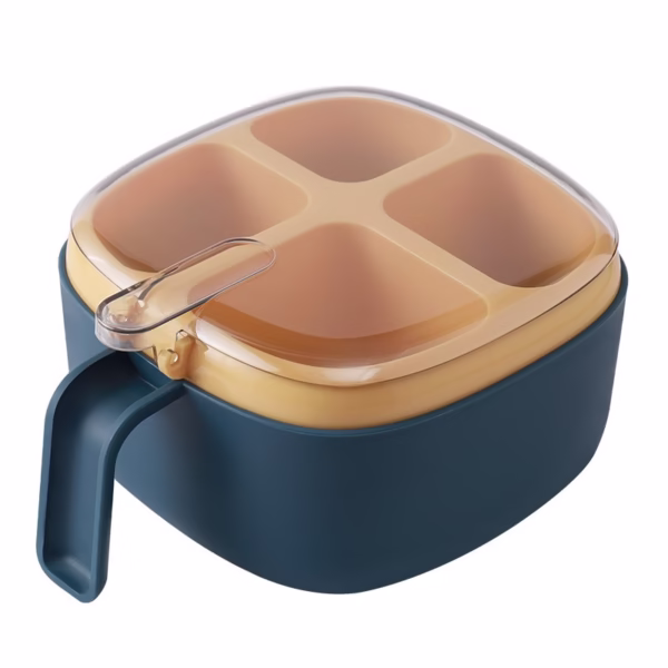 Recipient pentru condimente Flippy, 4 casute, potrivit pentru sare, cimbru, piper, condimente, 4 lingurite din plastic, capac din plastic, maner, 14x14x8 cm, albastru - imagine 8