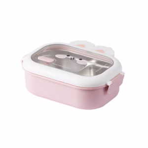 Cutie pentru Pranz sau Gustari, Flippy, cu Doua Compartimente, Model Iepuras, pentru Copii si Adulti, Etansare, PP, Perfect pentru Scoala si Birou, 1000 mL, 22x17.8x8 cm, Roz