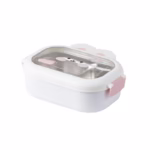Cutie pentru Pranz sau Gustari, Flippy, cu Doua Compartimente, Model Iepuras, pentru Copii si Adulti, Etansare, PP, Perfect pentru Scoala si Birou, 1000 mL, 22x17.8x8 cm, Alb